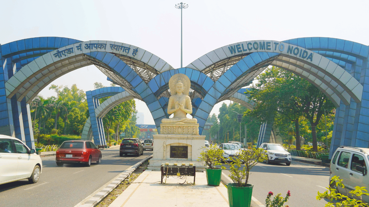 Noida gateway with Buddha statue, Uttar Pradesh, near Yamuna Expressway